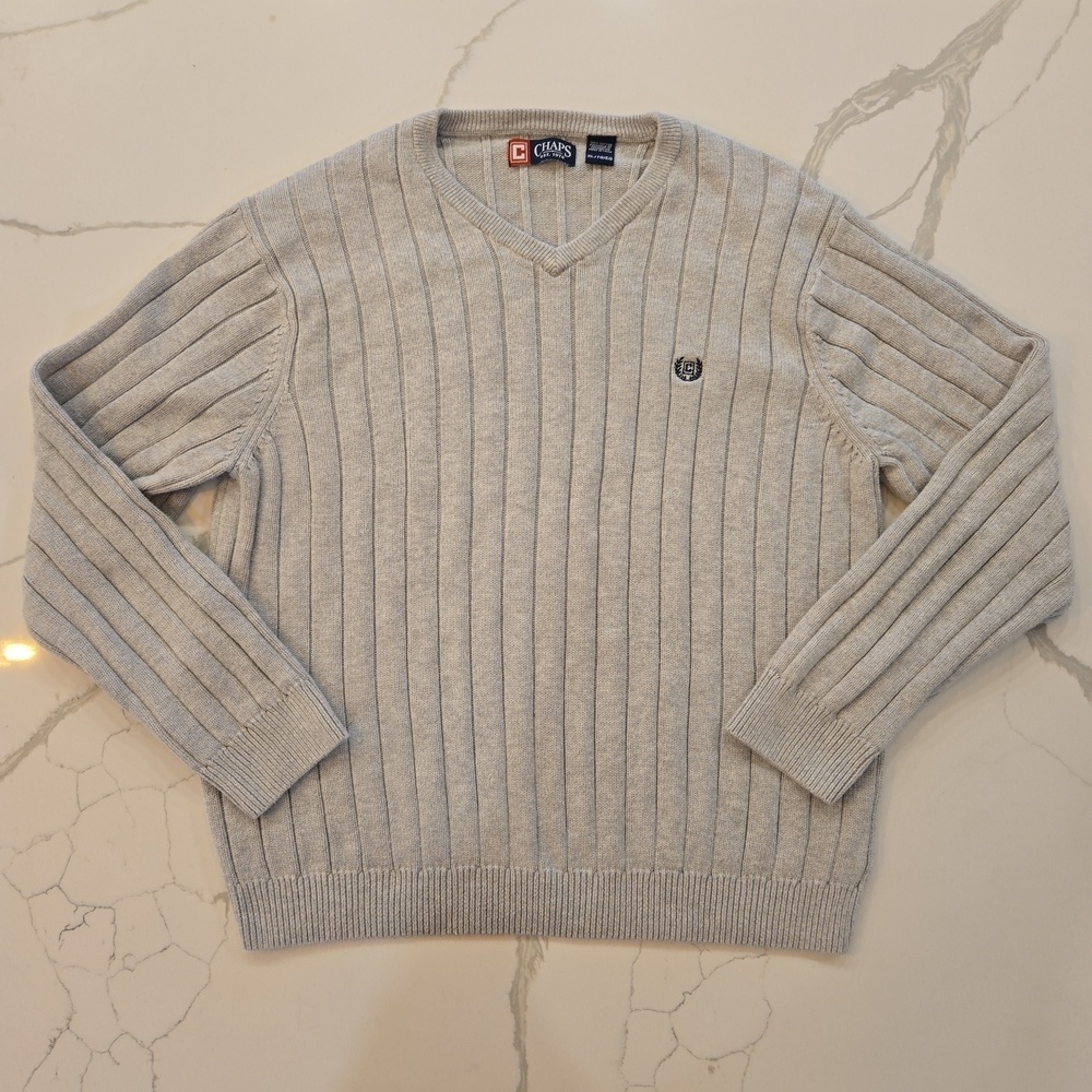 Chaps Mens V-Neck Cotton Knit Sweater Gray Size XL